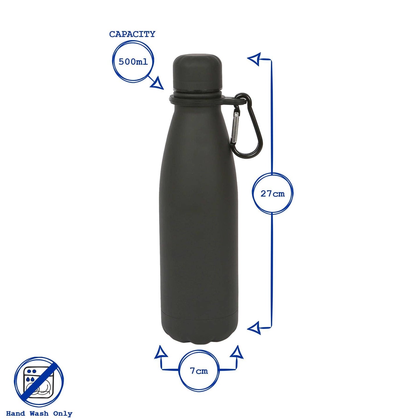 Stainless Steel Water Bottle with Carabiner Clip - 500ml: Matt Black