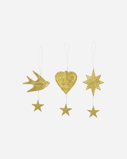 Christmas Ornaments, heart, bird, star by House Doctor - set of 3