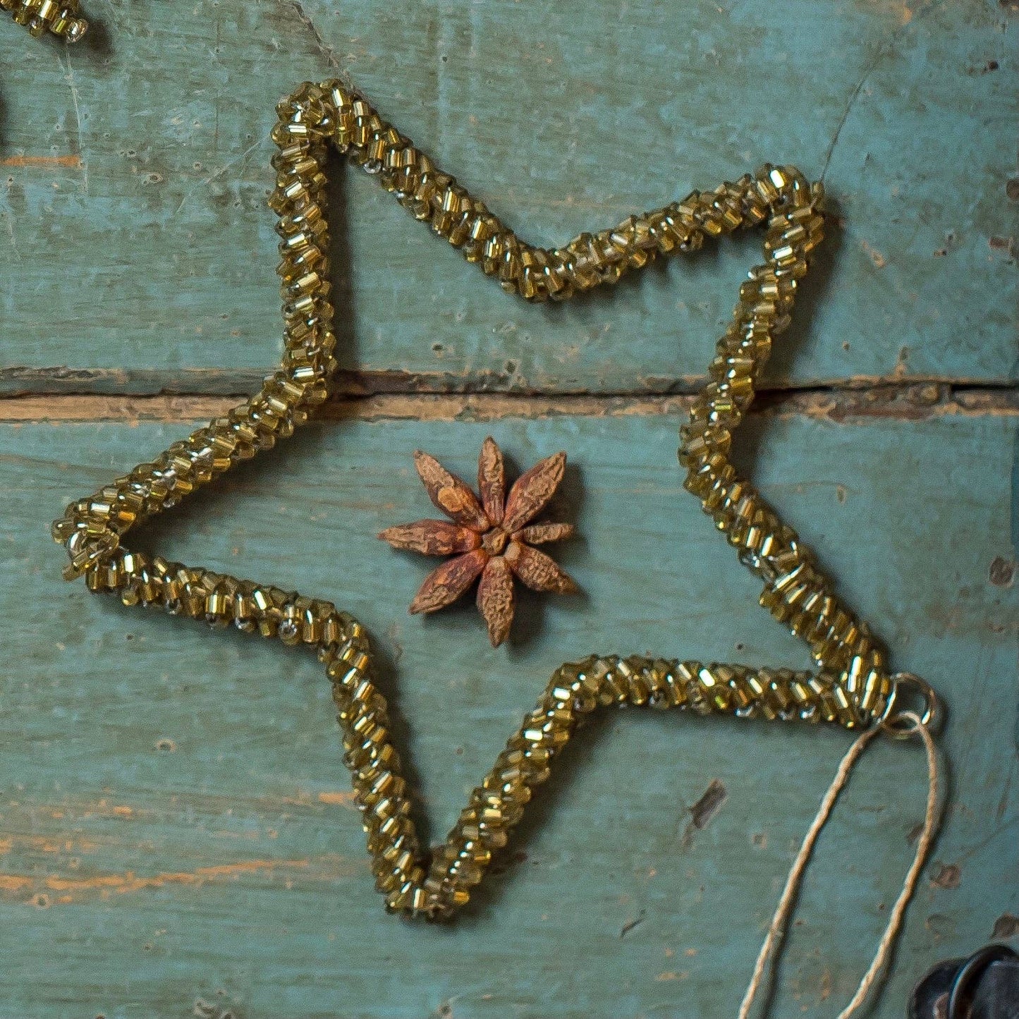 Antique Gold Glass Beaded Star Decoration - Second Smallest