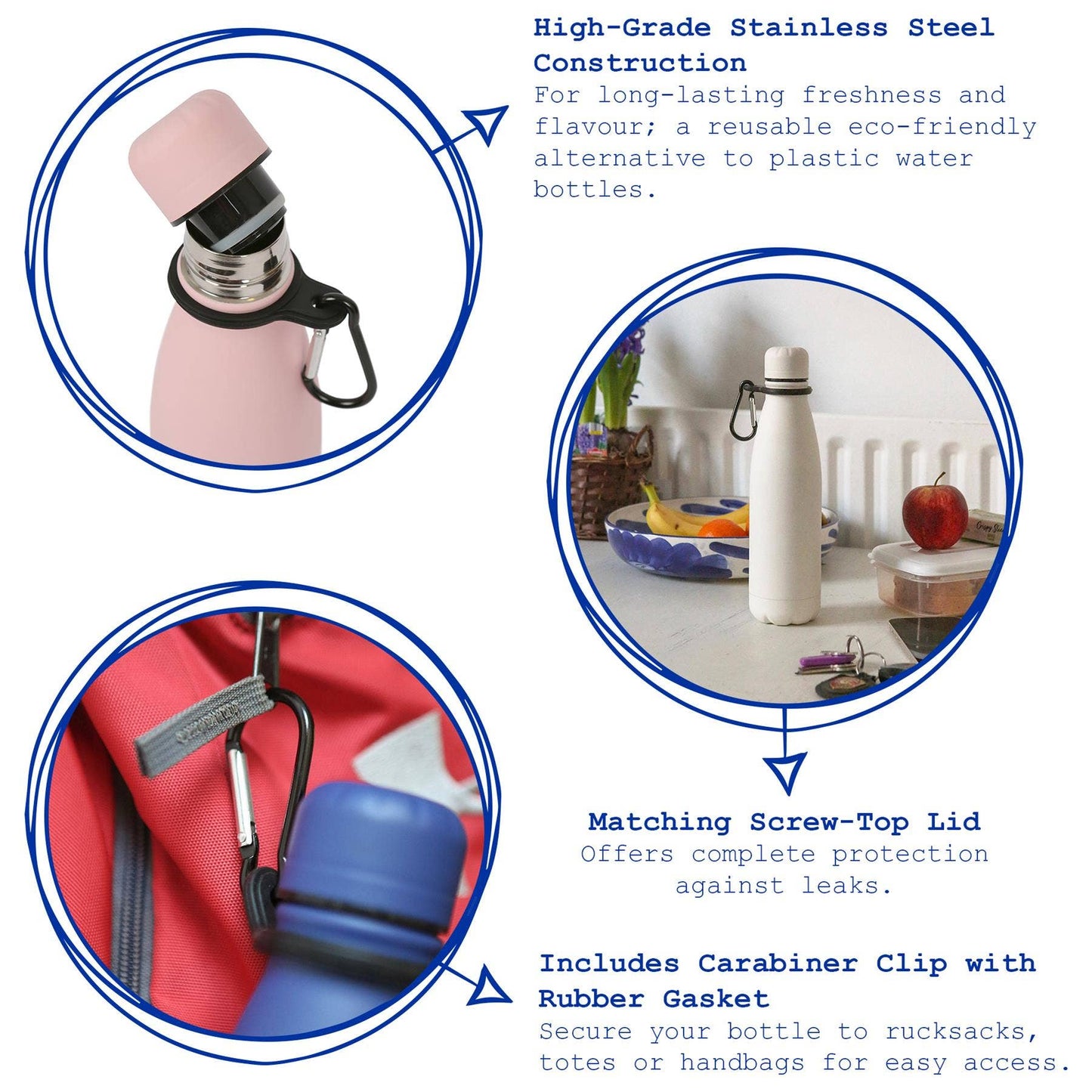 Stainless Steel Water Bottle with Carabiner Clip - 500ml: Matt Black