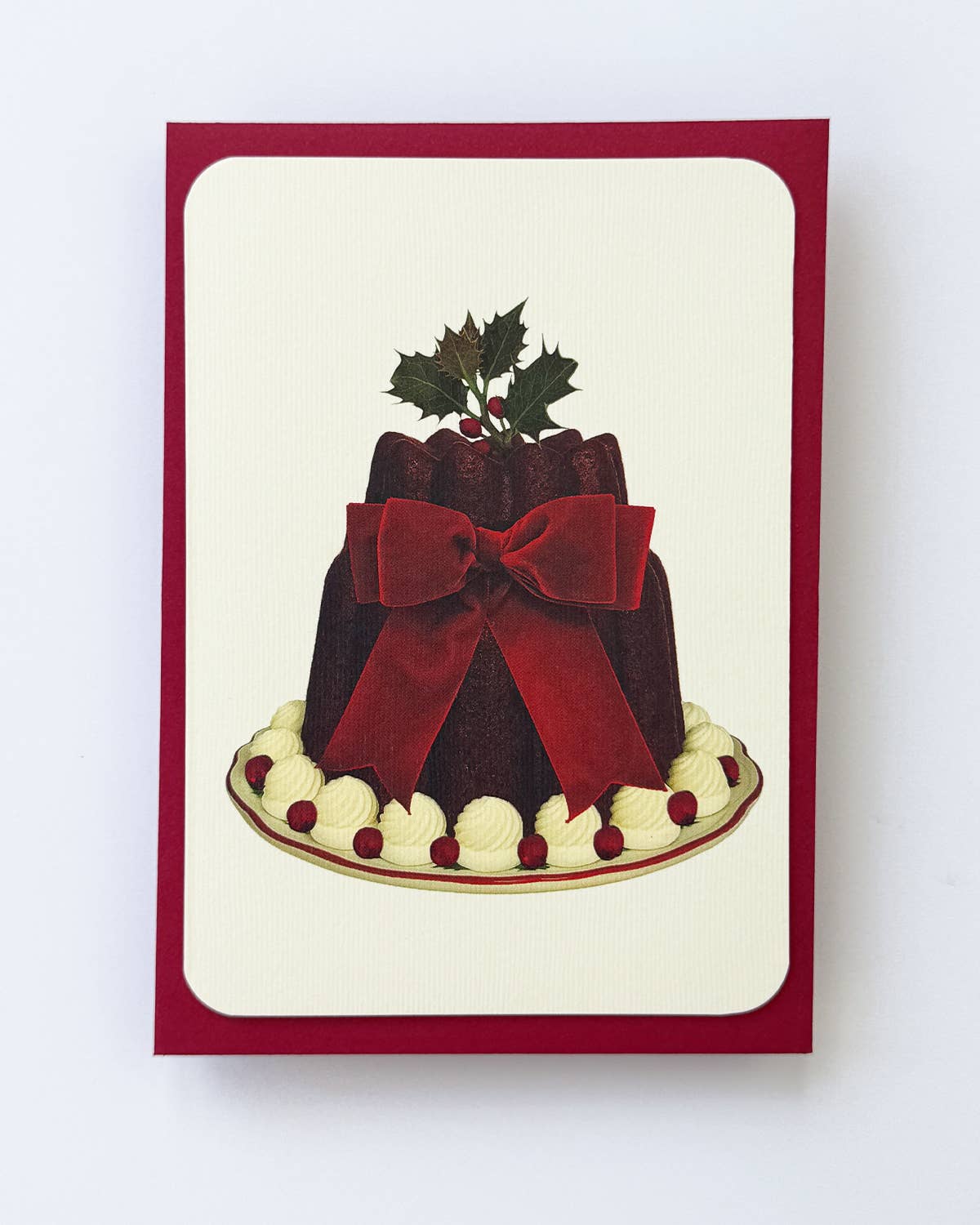 Christmas Plum Pudding Red Velvet Bow Greeting Card: Individual