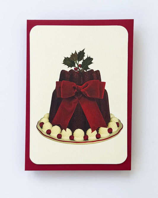 Christmas Plum Pudding Red Velvet Bow Greeting Card: Individual