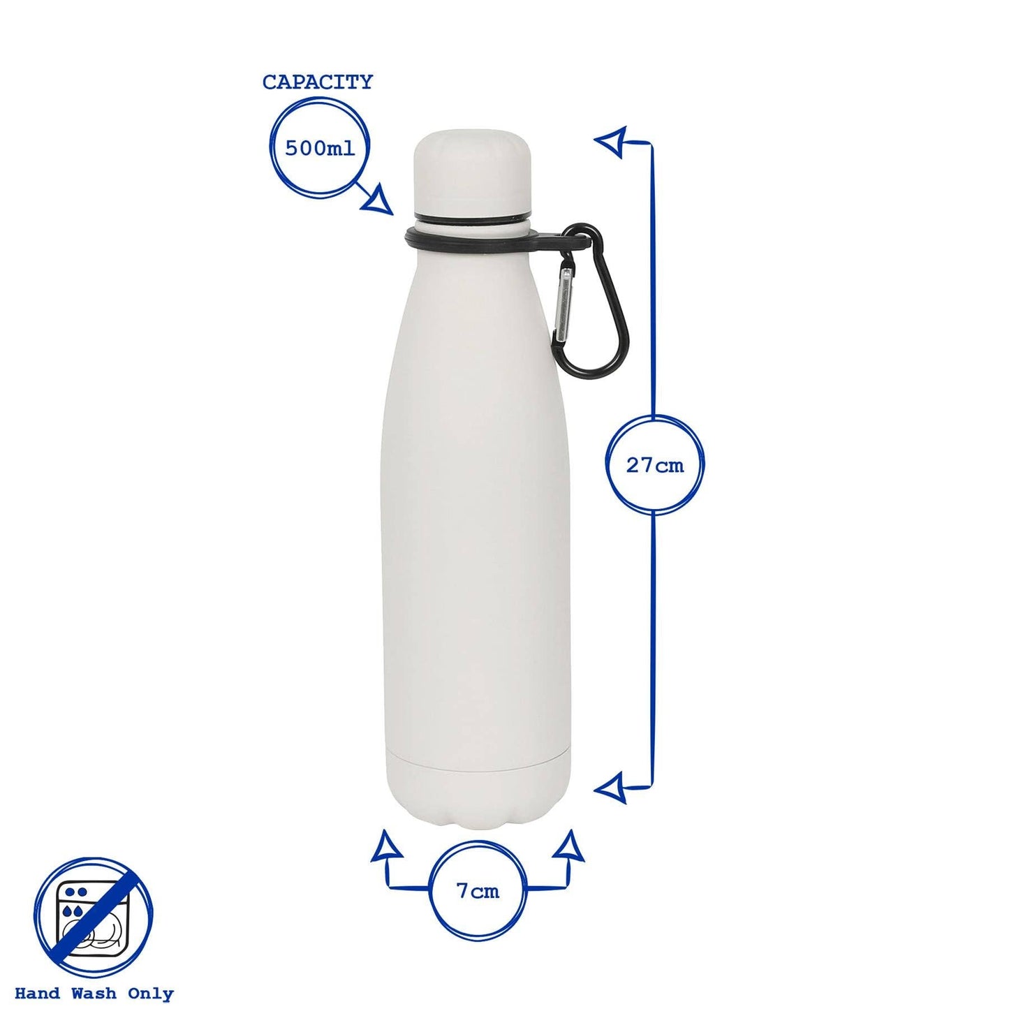 Stainless Steel Water Bottle with Carabiner Clip - 500ml: Matt White