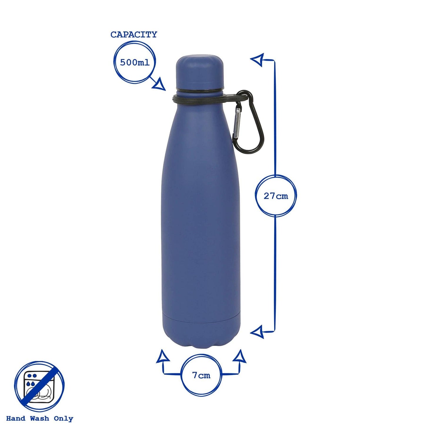 Stainless Steel Water Bottle with Carabiner Clip - 500ml: Matt Black